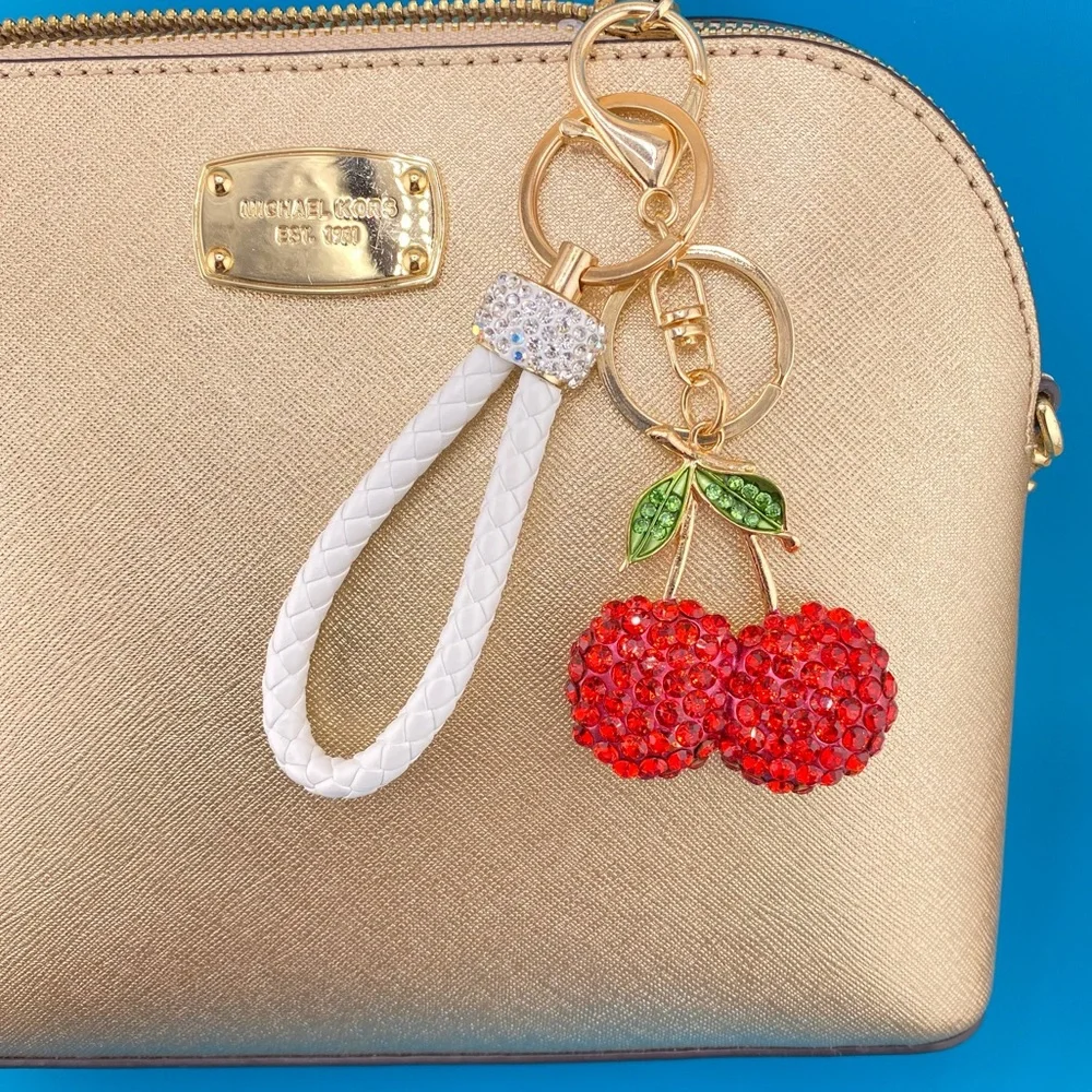 🍒 PINK OR RED Designer-Inspired Rhinestone Cherries Keychain/ Purse/Bag Charm